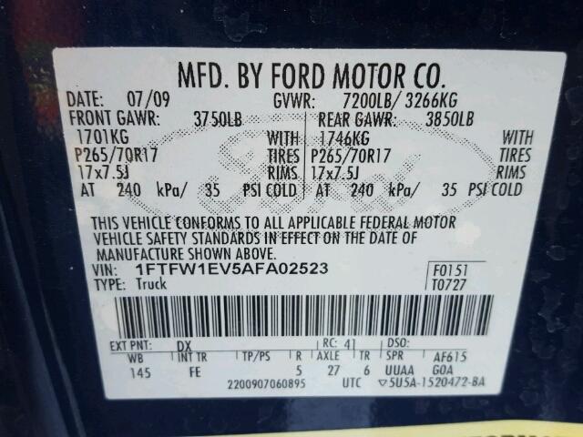 1FTFW1EV5AFA02523 - 2010 FORD F150 SUPER BLUE photo 10