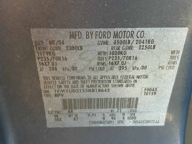 1FMYU03155KB18645 - 2005 FORD ESCAPE XLT BLUE photo 10