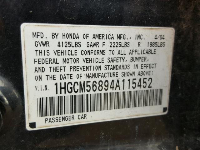 1HGCM56894A115452 - 2004 HONDA ACCORD EX BLACK photo 10