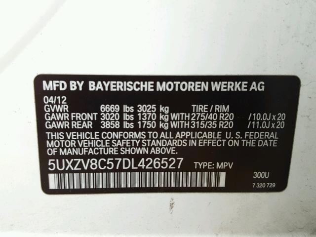 5UXZV8C57DL426527 - 2013 BMW X5 XDRIVE5 WHITE photo 10