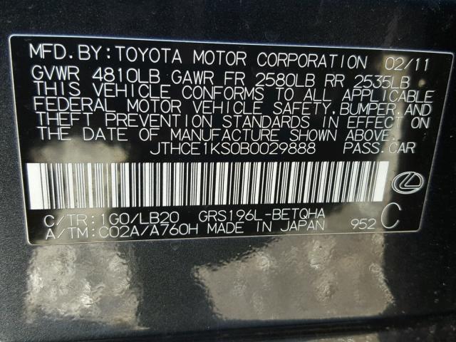 JTHCE1KS0B0029888 - 2011 LEXUS GS 350 GRAY photo 10