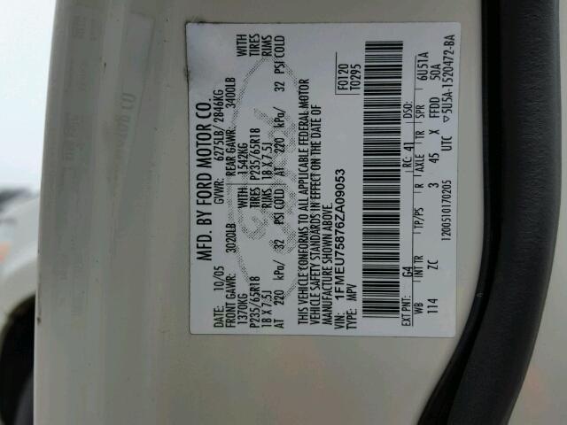 1FMEU75876ZA09053 - 2006 FORD EXPLORER L WHITE photo 10