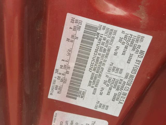 1FMYU70E31UC35767 - 2001 FORD EXPLORER S MAROON photo 10