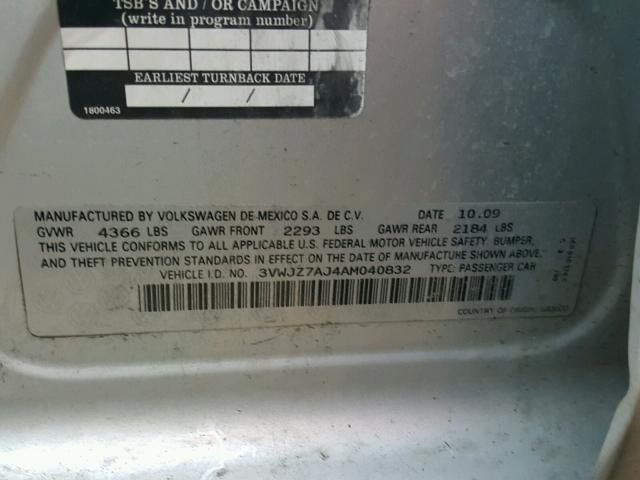 3VWJZ7AJ4AM040832 - 2010 VOLKSWAGEN JETTA S 银色 照片 10