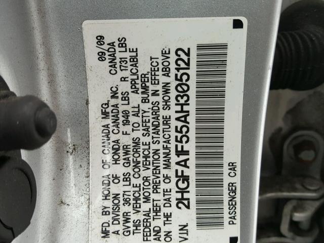 2HGFA1F55AH305122 - 2010 HONDA CIVIC LX SILVER photo 10