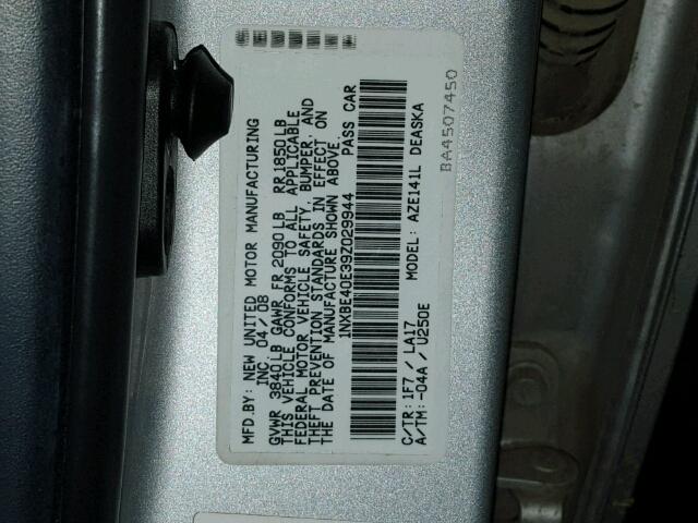 1NXBE40E39Z029944 - 2009 TOYOTA COROLLA XR SILVER photo 10