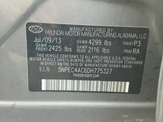 5NPEC4AC6DH775327 - 2013 HYUNDAI SONATA SE GRAY photo 10