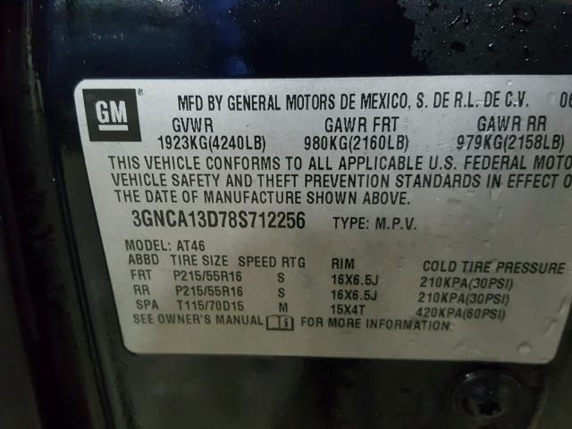 3GNCA13D78S712256 - 2008 CHEVROLET HHR LS BLACK photo 10