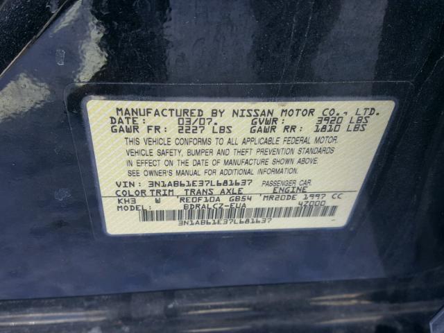 3N1AB61E37L681637 - 2007 NISSAN SENTRA 2.0 BLACK photo 10