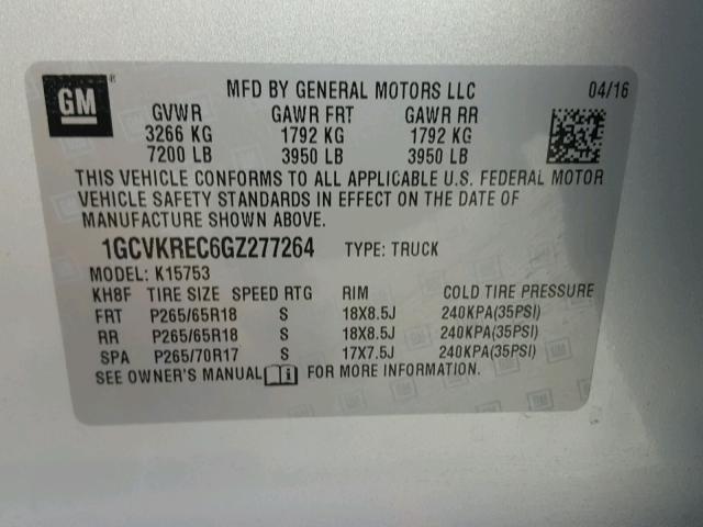 1GCVKREC6GZ277264 - 2016 CHEVROLET SILVERADO SILVER photo 10