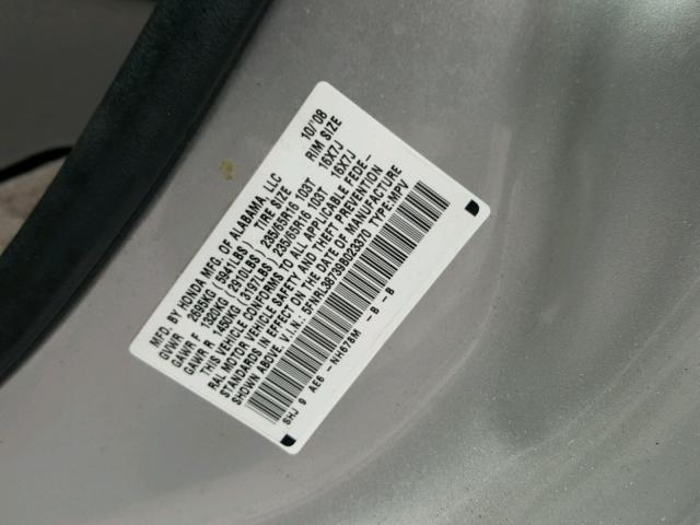 5FNRL38739B023370 - 2009 HONDA ODYSSEY EX SILVER photo 10