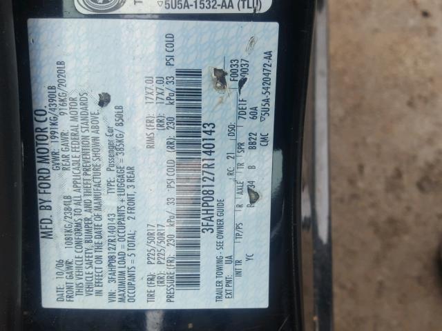 3FAHP08127R140143 - 2007 FORD FUSION SEL BLACK photo 10