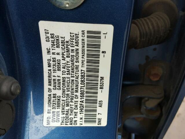 1HGFA16807L083837 - 2007 HONDA CIVIC EX ლურჯი ფოტო 10