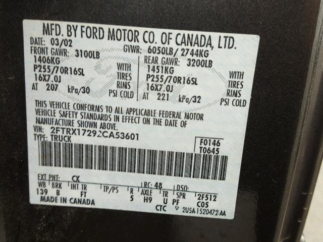 2FTRX17292CA53601 - 2002 FORD F150 Szary zdjęcie 10