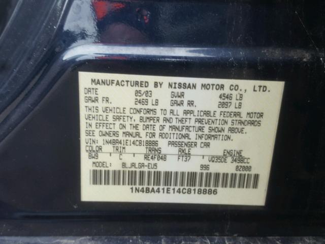 1N4BA41E14C818886 - 2004 NISSAN MAXIMA SE BLUE photo 10