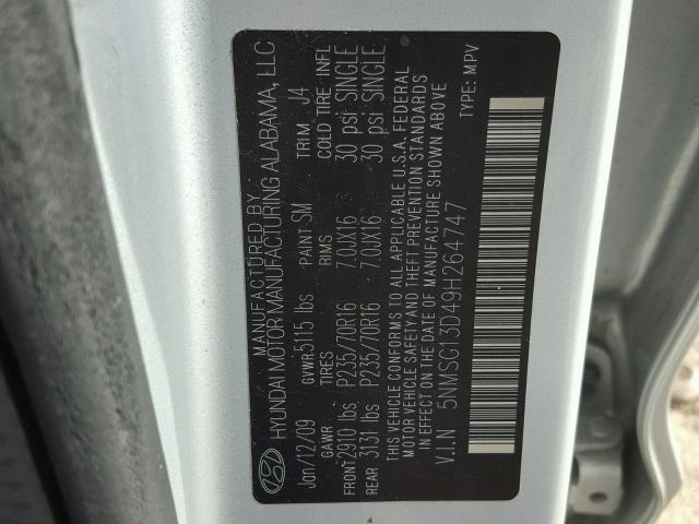 5NMSG13D49H264747 - 2009 HYUNDAI SANTA FE G SILVER photo 10