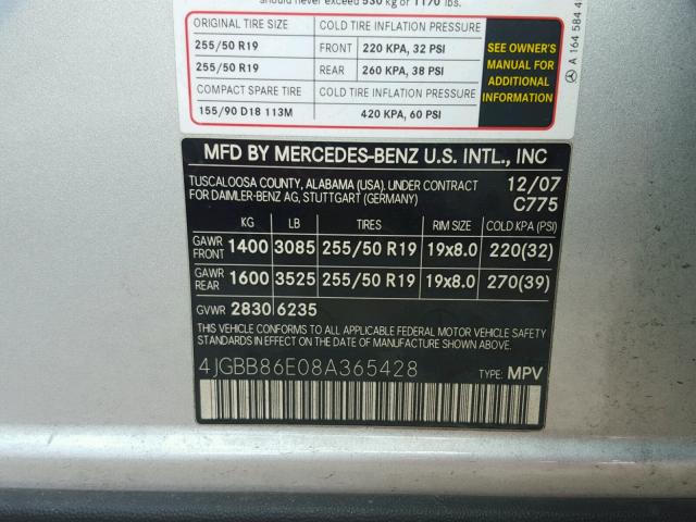 4JGBB86E08A365428 - 2008 MERCEDES-BENZ ML 350 SILVER photo 10