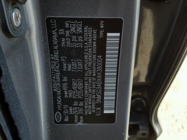 5NMSG3ABXAH380004 - 2010 HYUNDAI SANTA FE G GRAY photo 10