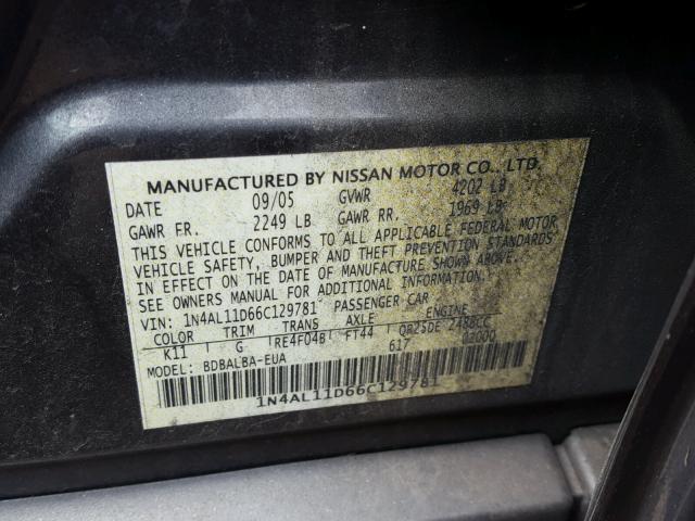 1N4AL11D66C129781 - 2006 NISSAN ALTIMA S GRAY photo 10