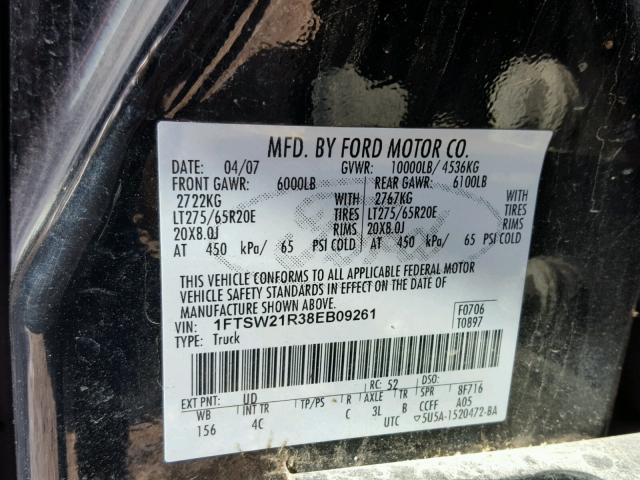 1FTSW21R38EB09261 - 2008 FORD F250 SUPER BLACK photo 10