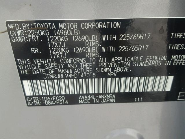 JTMRJREV4HD147018 - 2017 TOYOTA RAV4 HV LE SILVER photo 10