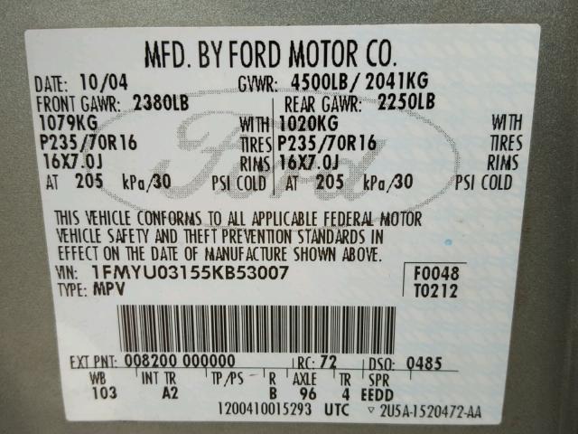 1FMYU03155KB53007 - 2005 FORD ESCAPE XLT GRAY photo 10