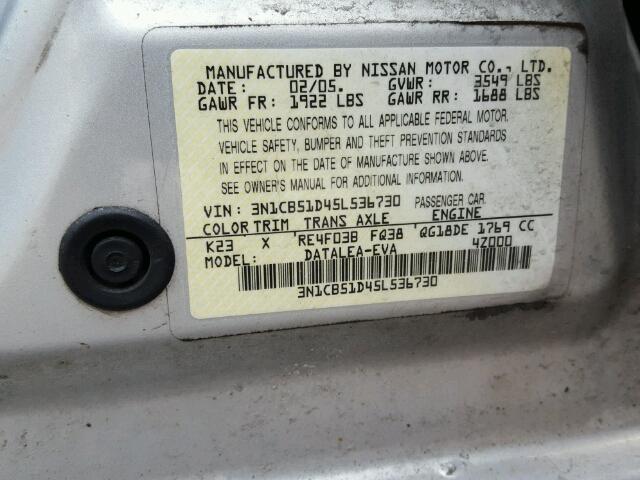 3N1CB51D45L536730 - 2005 NISSAN SENTRA 1.8 SILVER photo 10