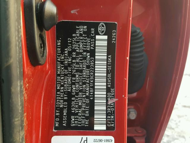 4T4BF1FK9CR223853 - 2012 TOYOTA CAMRY BASE RED photo 10