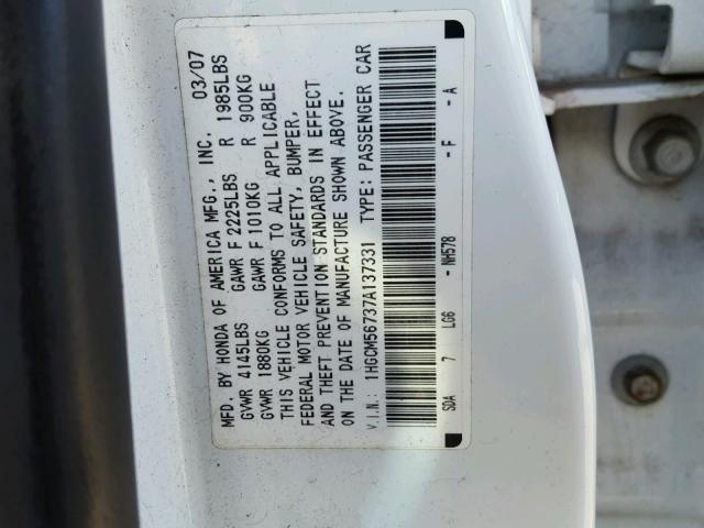 1HGCM56737A137331 - 2007 HONDA ACCORD EX WHITE photo 10