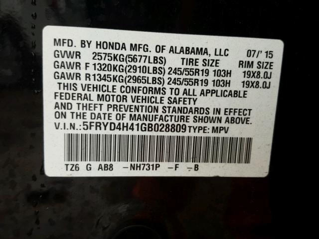 5FRYD4H41GB028809 - 2016 ACURA MDX TECHNO BLACK photo 10