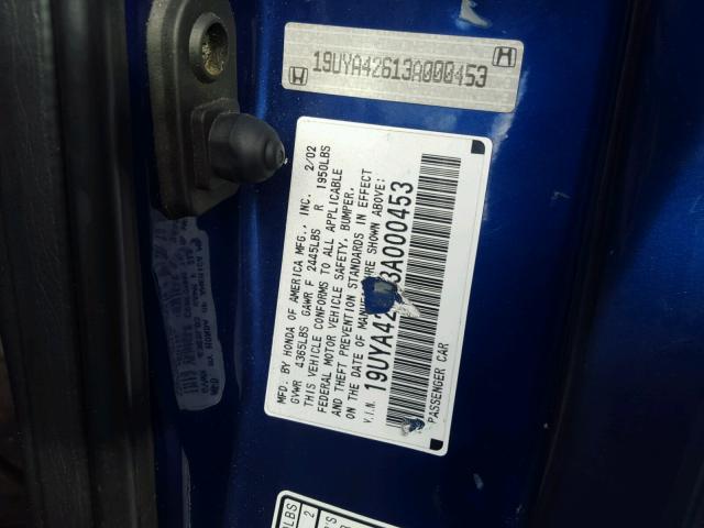 19UYA42613A000453 - 2003 ACURA 3.2CL TYPE BLUE photo 10