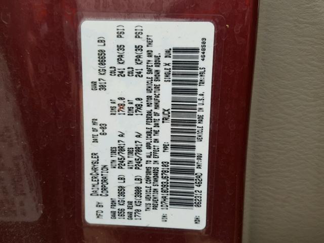 1D7HA18D93J678103 - 2003 DODGE RAM 1500 S MAROON photo 10