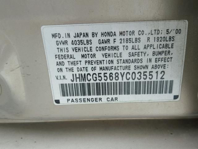 JHMCG5568YC035512 - 2000 HONDA ACCORD EX TAN photo 10