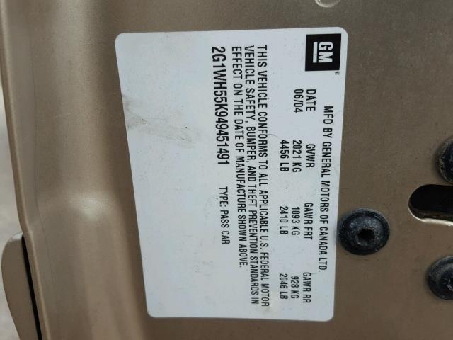 2G1WH55K949451491 - 2004 CHEVROLET IMPALA LS GOLD photo 10