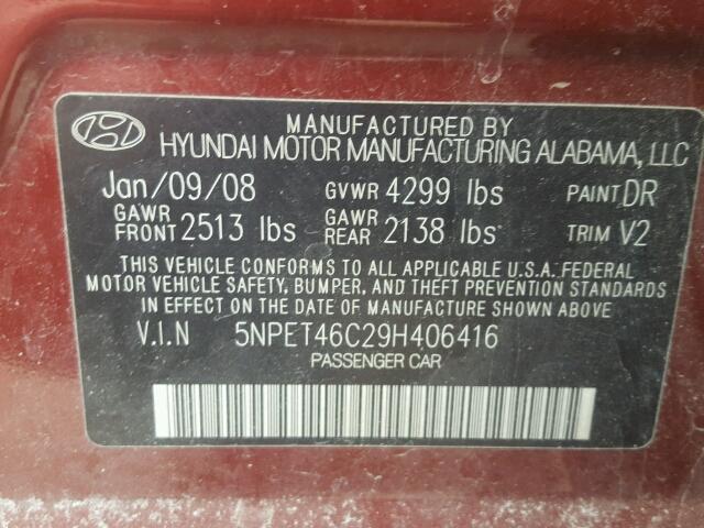 5NPET46C29H406416 - 2009 HYUNDAI SONATA GLS RED photo 10