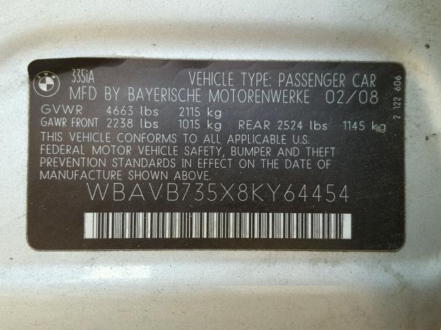 WBAVB735X8KY64454 - 2008 BMW 335 I SILVER photo 10