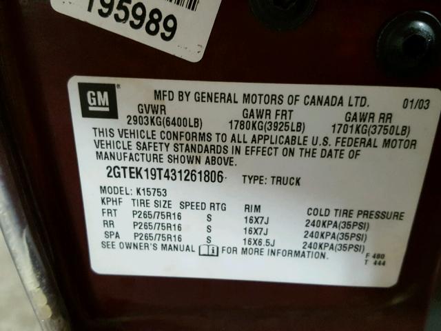 2GTEK19T431261806 - 2003 GMC NEW SIERRA MAROON photo 10