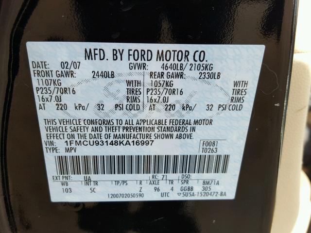 1FMCU93148KA16997 - 2008 FORD ESCAPE XLT BLACK photo 10