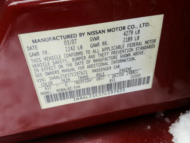 1N4AL21E57C197621 - 2007 NISSAN ALTIMA 2.5 RED photo 10