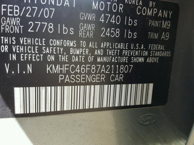 KMHFC46F87A211807 - 2007 HYUNDAI AZERA SE GRAY photo 10