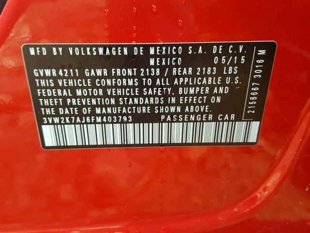 3VW2K7AJ6FM403793 - 2015 VOLKSWAGEN JETTA BASE 红色 照片 10