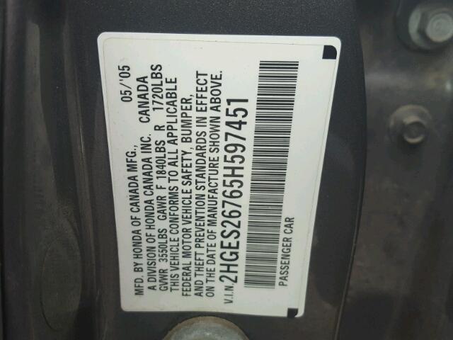 2HGES26765H597451 - 2005 HONDA CIVIC EX GRAY photo 10