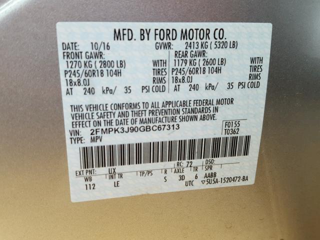 2FMPK3J90GBC67313 - 2016 FORD EDGE SEL WHITE photo 10