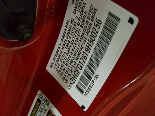 2HGFG12819H500256 - 2009 HONDA CIVIC EX წითელი ფოტო 10