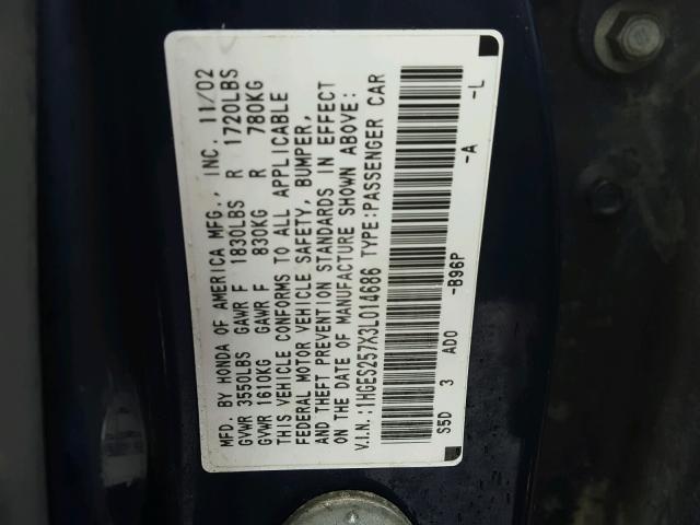 1HGES257X3L014686 - 2003 HONDA CIVIC EX ლურჯი ფოტო 10