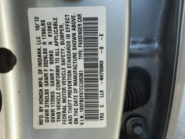 19XFB2F87CE386361 - 2012 HONDA CIVIC EX SILVER photo 10