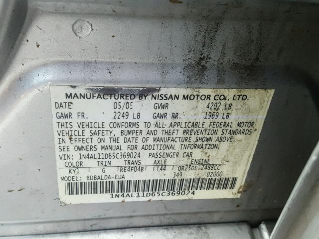 1N4AL11D65C369024 - 2005 NISSAN ALTIMA S SILVER photo 10