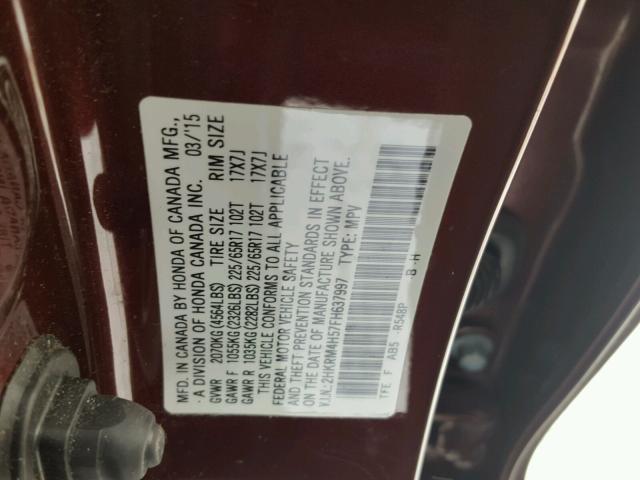 2HKRM4H57FH637997 - 2015 HONDA CR-V EX RED photo 10