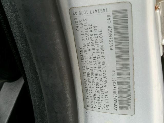 WVWMA23B7YP361106 - 2000 VOLKSWAGEN PASSAT GLS GRAY photo 10