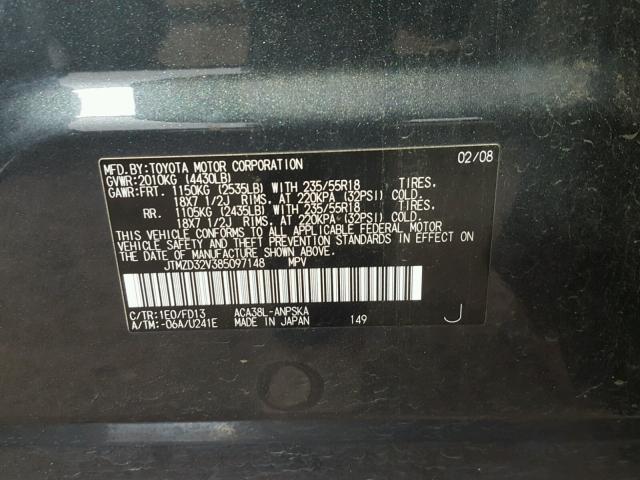 JTMZD32V385097148 - 2008 TOYOTA RAV4 SPORT GRAY photo 10